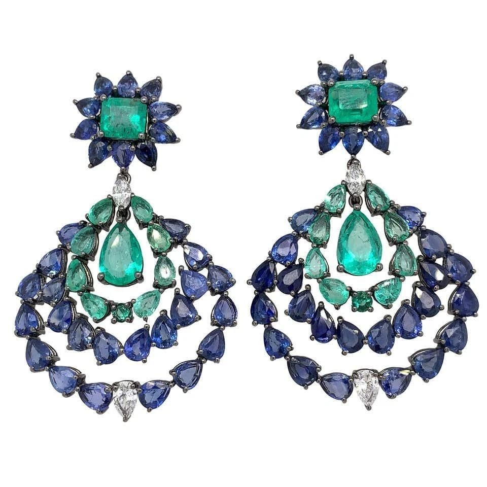 18KT COLOMBIAN EMERALD DIAMOND SAPPHIRE EARRINGS (1 of 2)