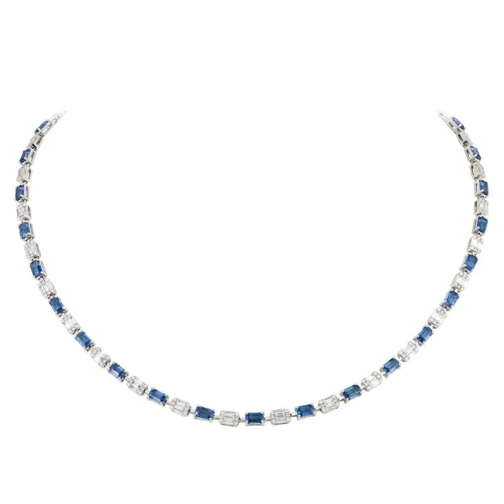 18KT GOLD FANCY CUT BLUE SAPPHIRE DIAMOND NECKLACE: 18KT GOLD FANCY CUT BLUE SAPPHIRE DIAMOND NECKLACE The Following Item we are offering is this Rare Important Radiant 18KT Gold Gorgeous Glittering and Sparkling Magnificent Fancy Cut Blue Sapphire and