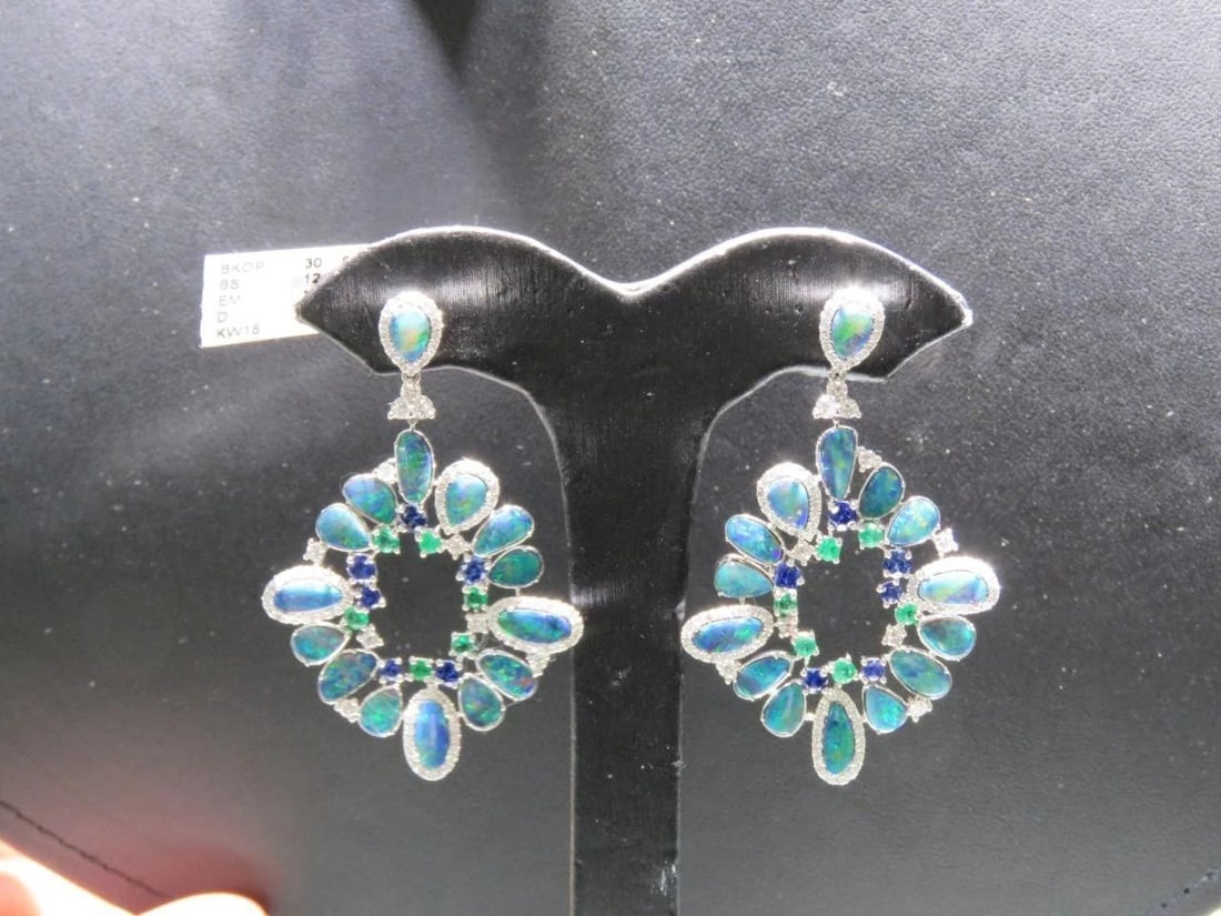 GORGEOUS 18KT BLACK OPAL DIAMOND EMERALD EARRINGS (1 of 2)