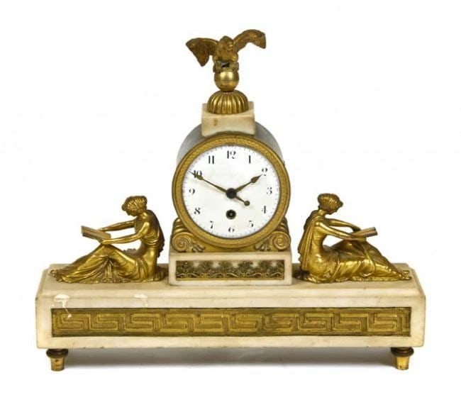 BEAUTIFUL 19TH CENTURY EUROPEAN GILT BRONZE & WHITE MARBLE MANTLE CLOCK (1 of 2)