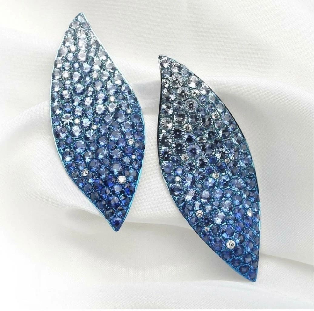 18KT GORGEOUS 27CT FANCY BLUE SAPPHIRE DIAMOND LEAF EARRINGS (1 of 2)