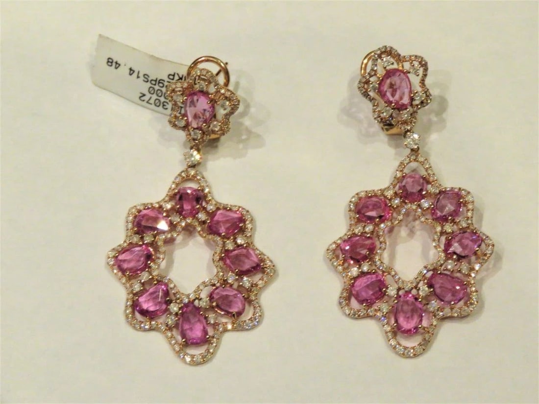 18KT PINK SAPPHIRE DIAMOND DANGLE EARRINGS (1 of 2)