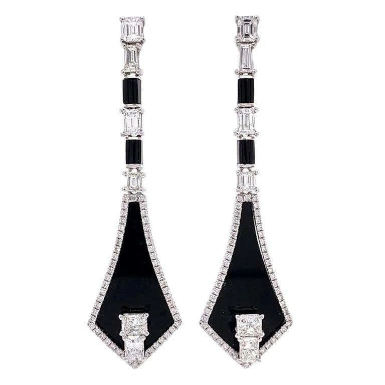 18KT GOLD ART DECO BLACK AGATE DIAMOND EARRINGS (1 of 2)