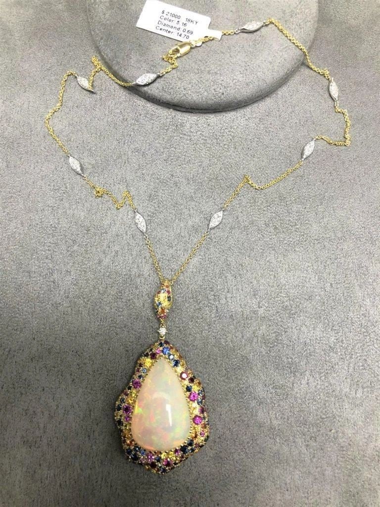 18KT LRG OPAL RAINBOW SAPPHIRE DIAMOND NECKLACE (1 of 1)