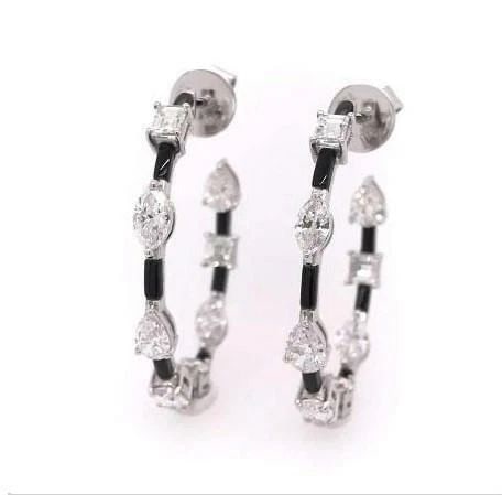 18KT FANCY SHAPE DIAMOND BLACK AGATE HOOP EARRINGS: 18KT FANCY SHAPE DIAMOND BLACK AGATE HOOP EARRINGS The Following Items we are offering is a Rare Important Radiant Pair of 18KT Gold Gorgeous Elegant Dangle Black Agate and Fancy Cut Diamond Hoop Earr