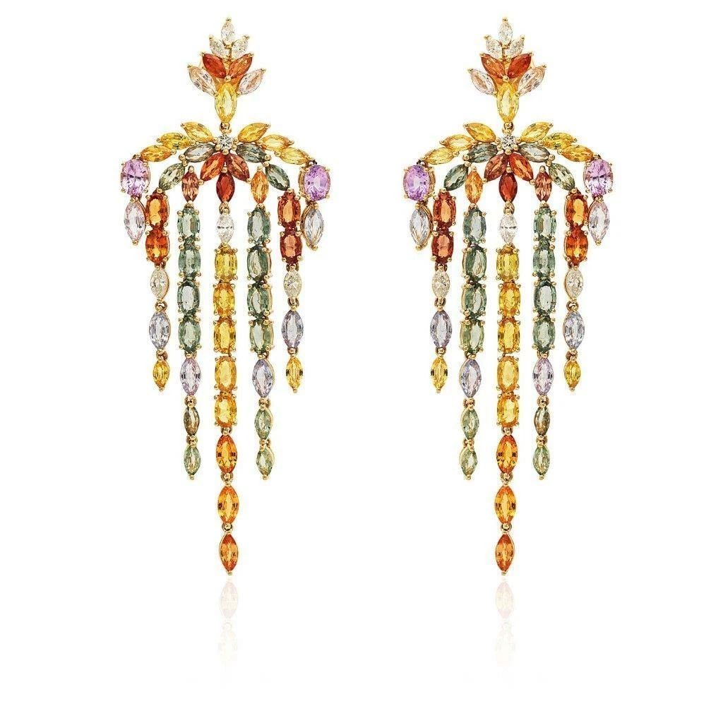 18KT GOLD MULTI RAINBOW SAPPHIRE DIAMOND DANGLE EARRINGS (1 of 2)