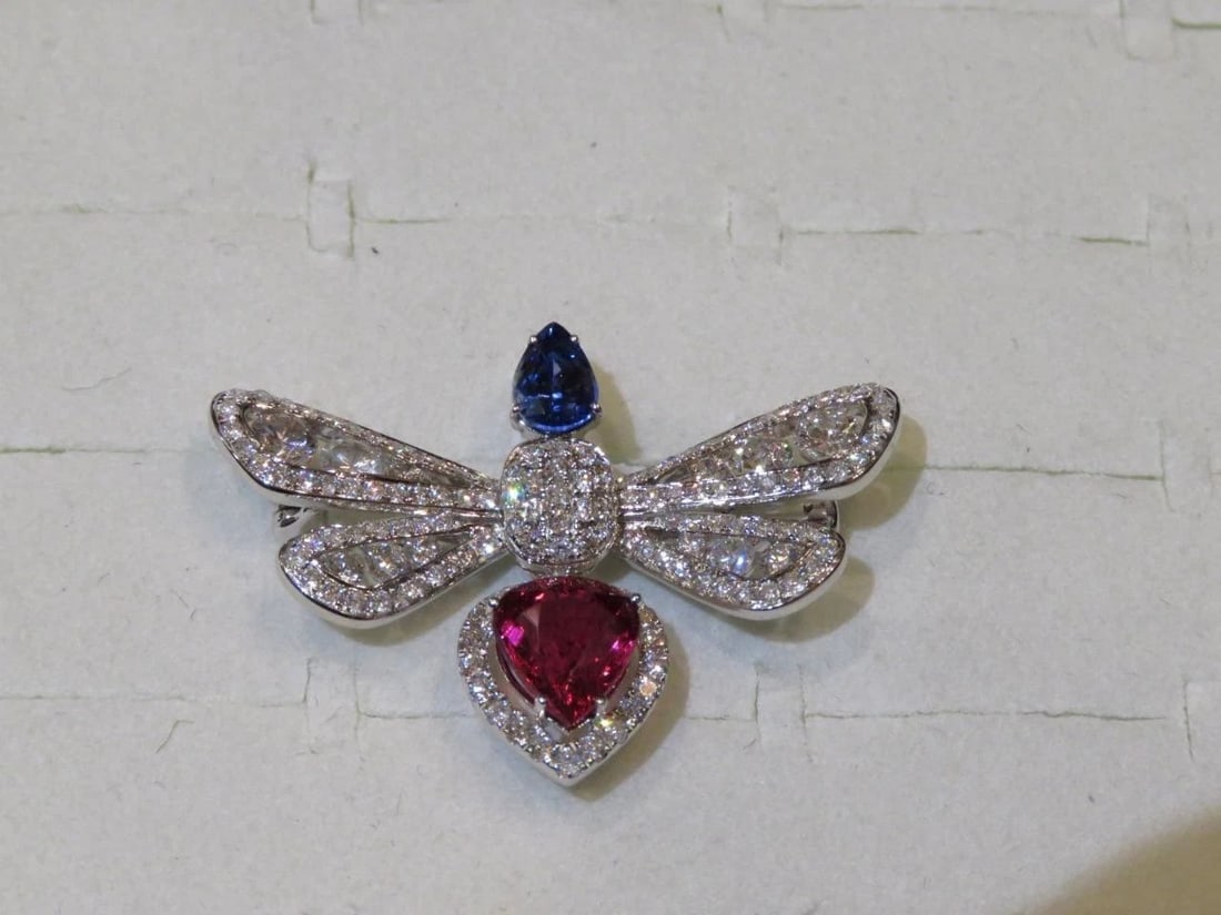 18KT GOLD FANCY BUTTERFLY RUBELITE DIAMOND SAPPHIRE PENDANT BROOCH (1 of 2)
