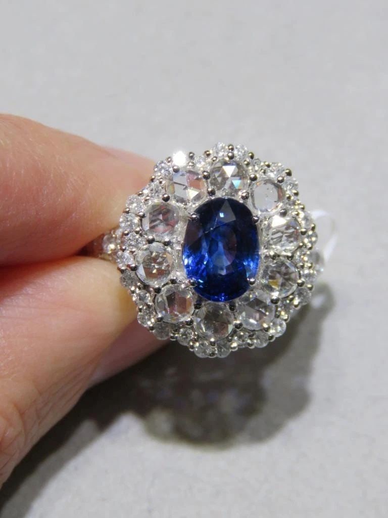 18KT LARGE BLUE SAPPHIRE ROSE CUT DIAMOND RING! (1 of 2)