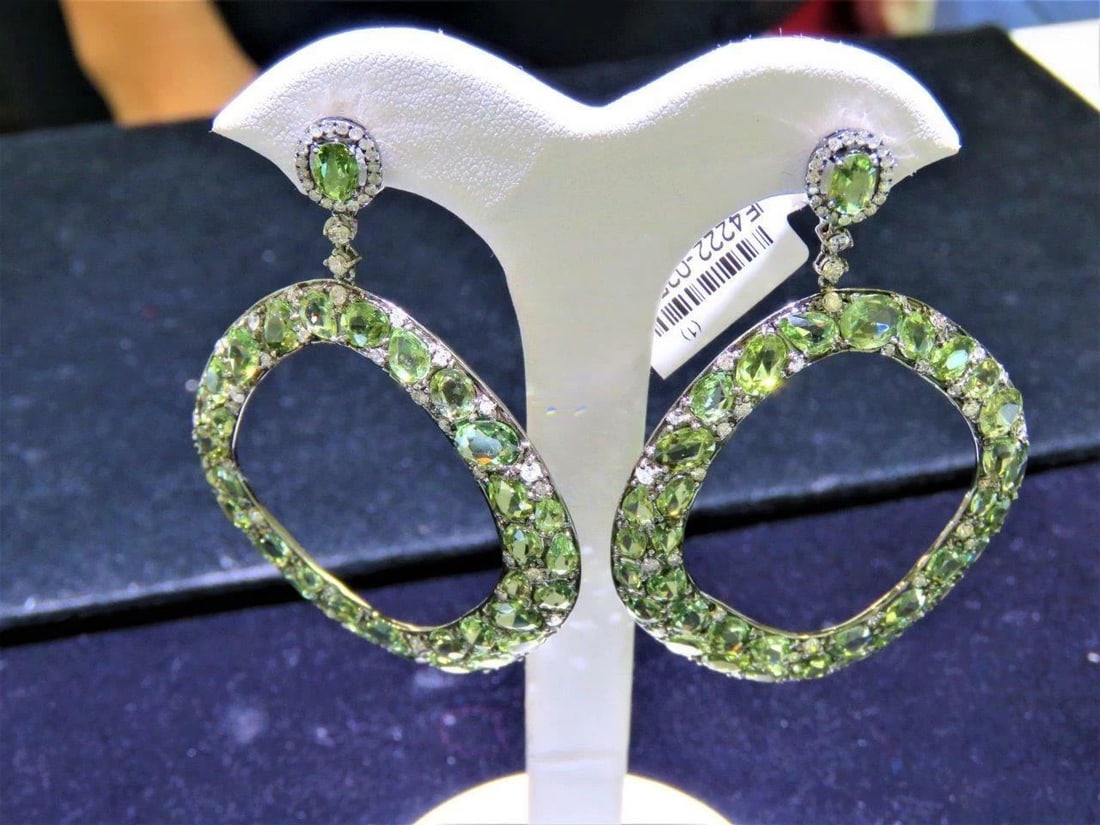 18KT GOLD GORGEOUS RARE GREEN SAPPHIRE DIAMOND HOOP EARRINGS (1 of 2)