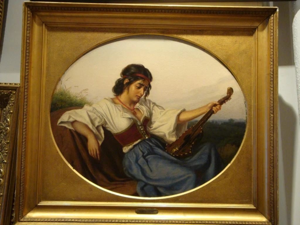 ORIG 19TH C PAINTING WOMAN WITH MANDOLIN WENZEL TORNOE!! (1 of 2)