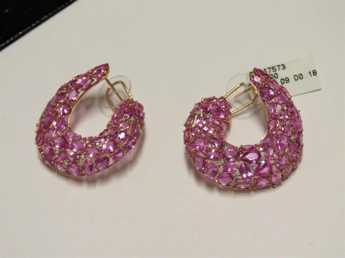 18KT GOLD GORGEOUS RARE PINK SAPPHIRE DIAMOND EARRINGS (1 of 2)