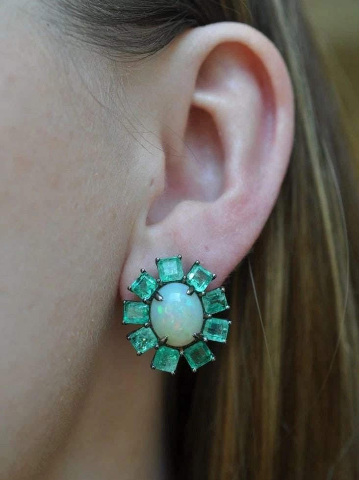 18KT GOLD LRG GORGEOUS 14.50CT FIERY OPAL AND DIAMOND EARRINGS: 18KT GOLD LRG GORGEOUS 14.50CT FIERY OPAL AND DIAMOND EARRINGS The Following Items we are offering is a Rare Important Radiant Pair of 18KT WHITE GOLD LARGE TANZANITE AND DIAMOND EARRINGS. Earrings ar