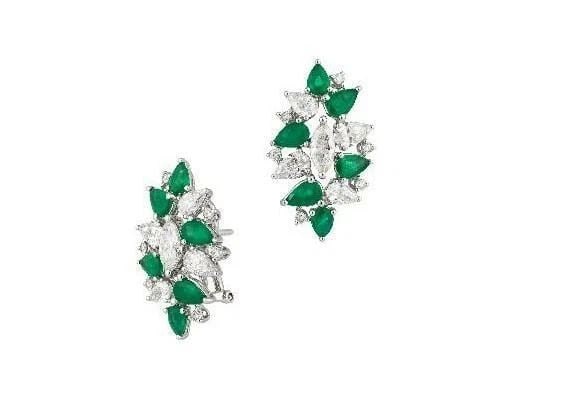 18KT LOVELY EMERALD DIAMOND CLUSTER EARRINGS (1 of 2)