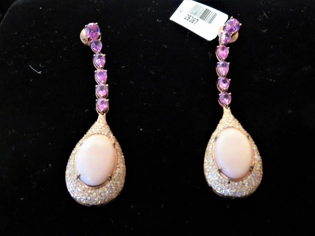 18KT PINK OPAL PURPLE SAPPHIRE DIAMOND EARRINGS (1 of 2)