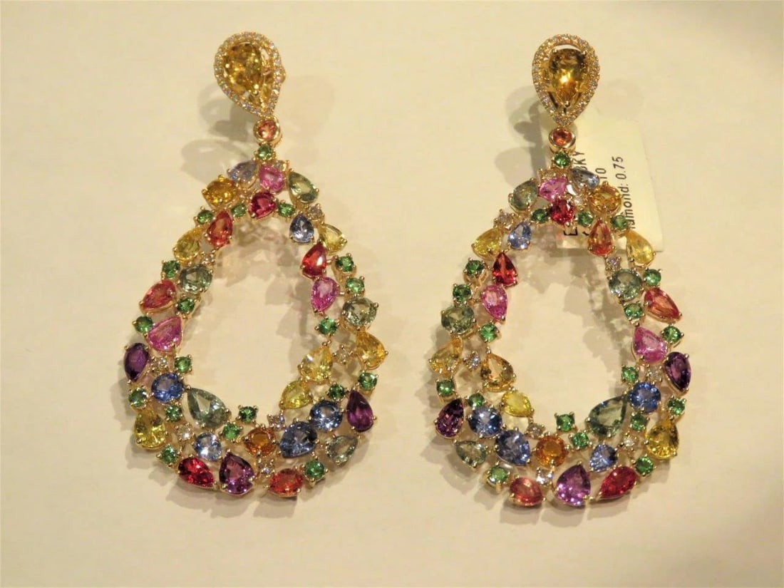 18KT FANCY MULTI SAPPHIRE DIAMOND DANGLE EARRINGS (1 of 2)