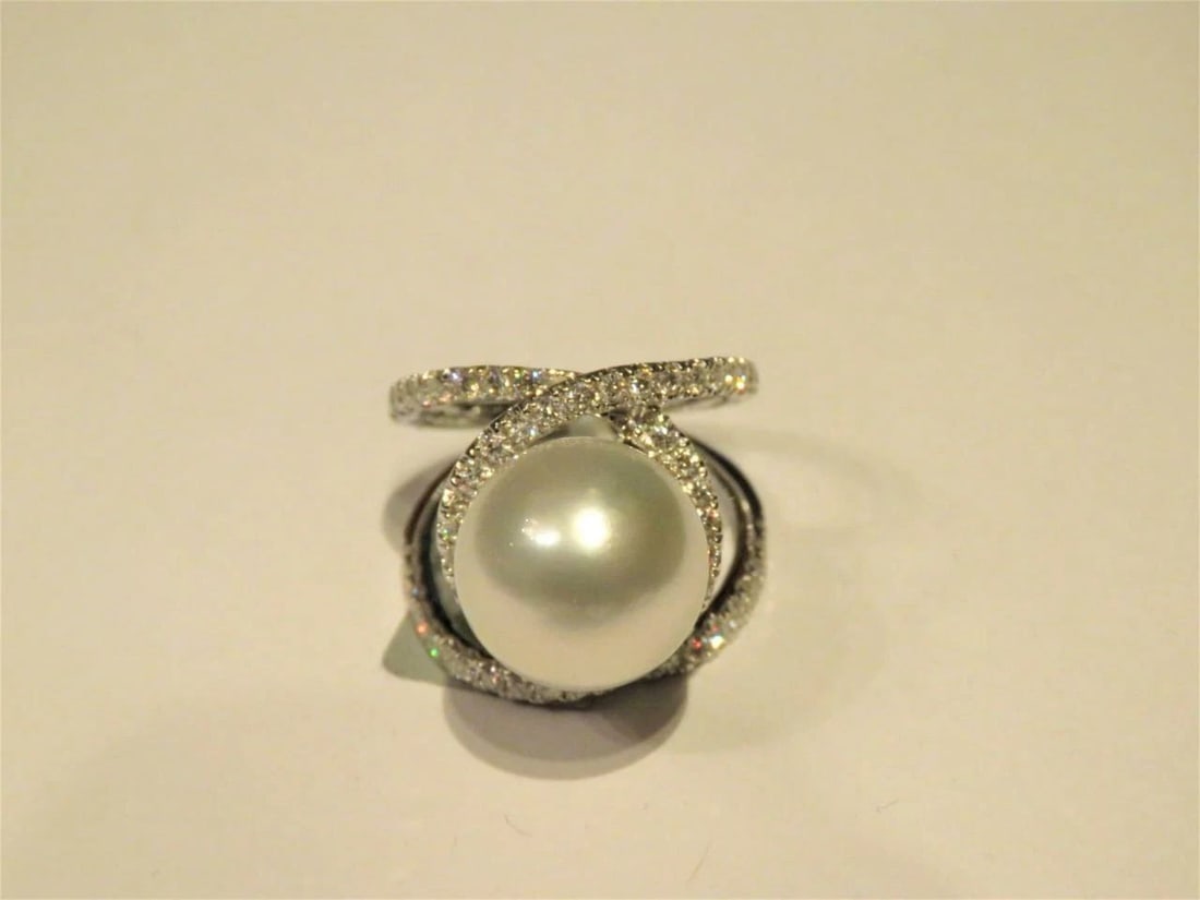 18KT GOLD RARE 13MM-14MM LARGE SOUTH SEA PEARL DIAMOND RING (1 of 2)