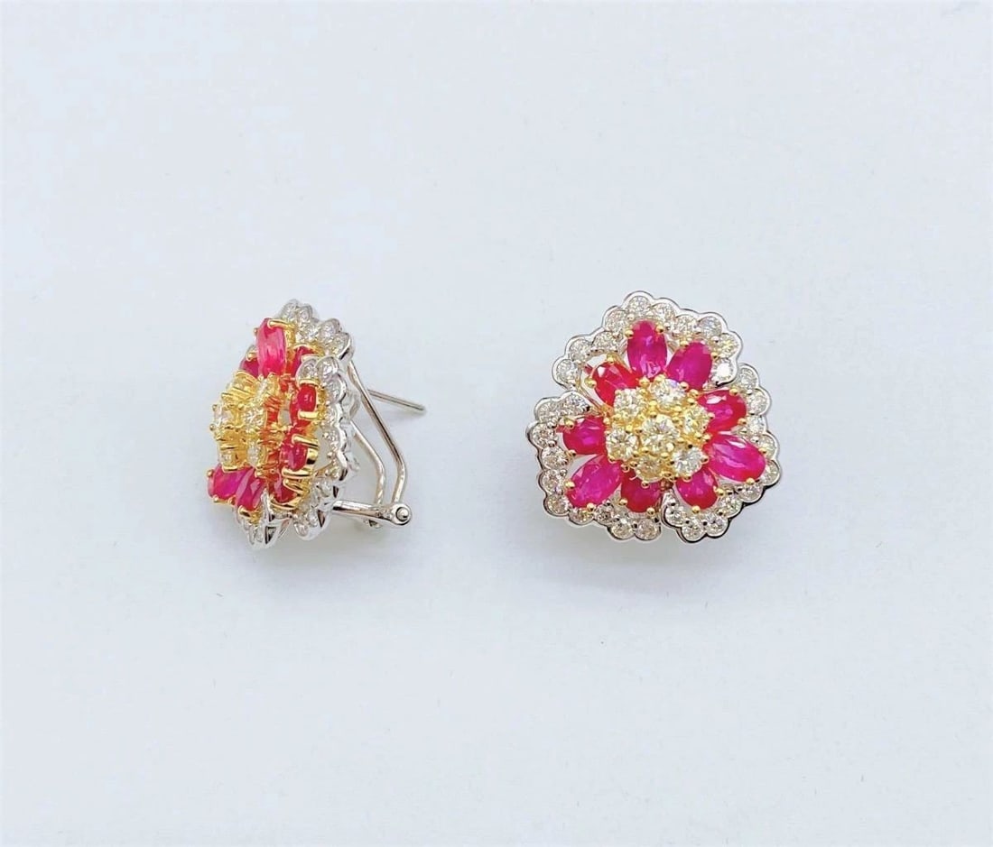 18KT GOLD GORGEOUS 6.50CT RUBY DIAMOND FLORAL EARRINGS (1 of 1)