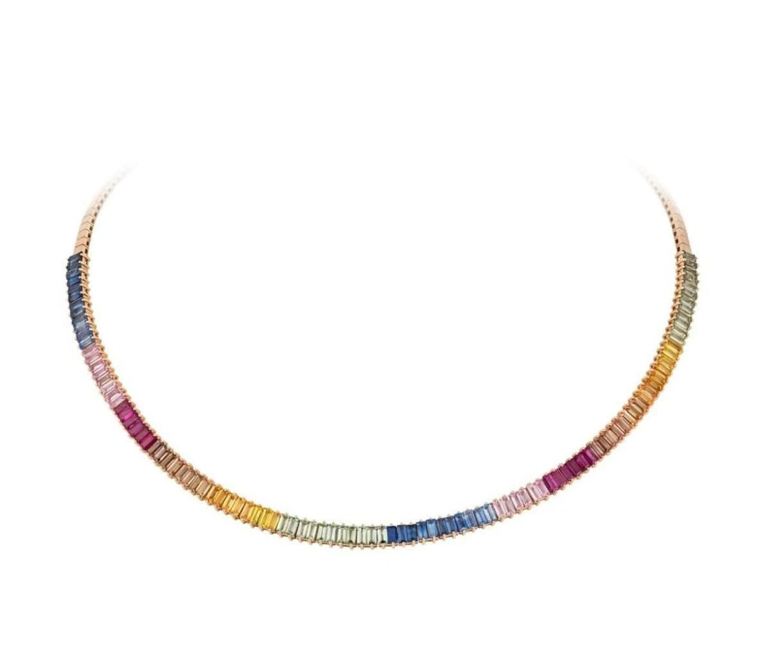 18KT GOLD RAINBOW BAGUETTE CUT SAPPHIRE NECKLACE: 18KT GOLD RAINBOW BAGUETTE CUT SAPPHIRE NECKLACE The Following Item we are offering is a Rare Important Radiant 18KT Gold Rare Gorgeous Fancy Multi Rainbow Baguette Cut Sapphire Necklace. Bracelet is