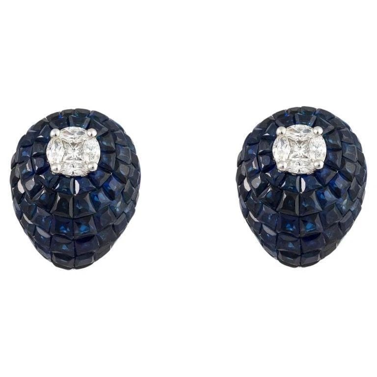 18KT GOLD RARE GORGEOUS FANCY BLUE SAPPHIRE DIAMOND BOMBE EARRINGS (1 of 2)