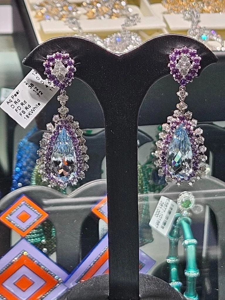 18KT GOLD FANCY AQUAMARINE PURPLE SAPPHIRE DIAMOND EARRINGS (1 of 2)