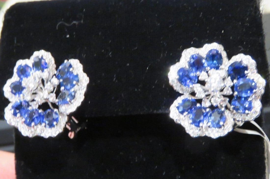 18KT GOLD SAPPHIRE DIAMOND FLOWER EARRINGS (1 of 2)