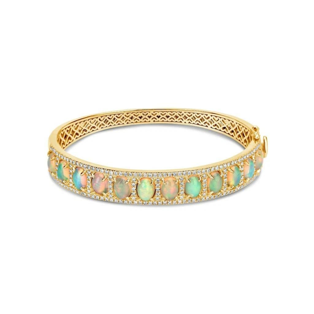 14KT GOLD 8CT LRG OPAL DIAMOND BANGLE BRACELET (1 of 2)