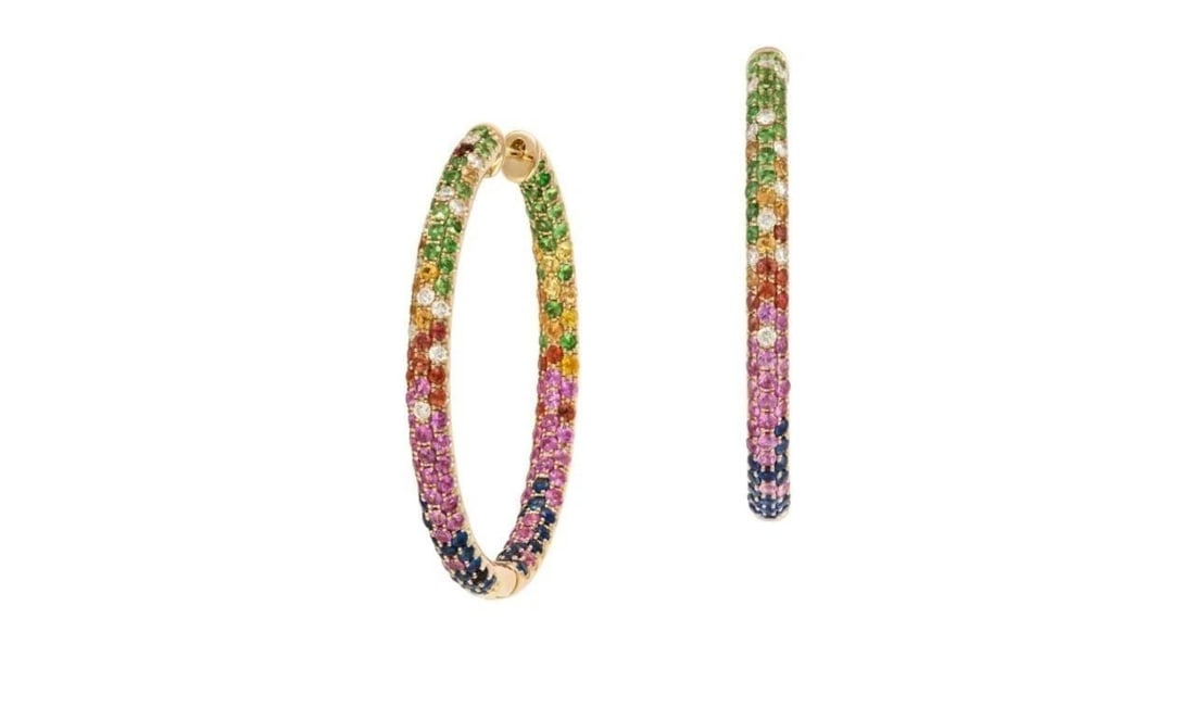18KT FANCY RAINBOW SAPPHIRE DIAMOND HOOP EARRINGS: 18KT FANCY RAINBOW SAPPHIRE DIAMOND HOOP EARRINGS The Following Items we are offering is this Rare Important Radiant 18KT Gold Gorgeous Glittering and Sparkling Magnificent Fancy Multi Rainbow Sapphir