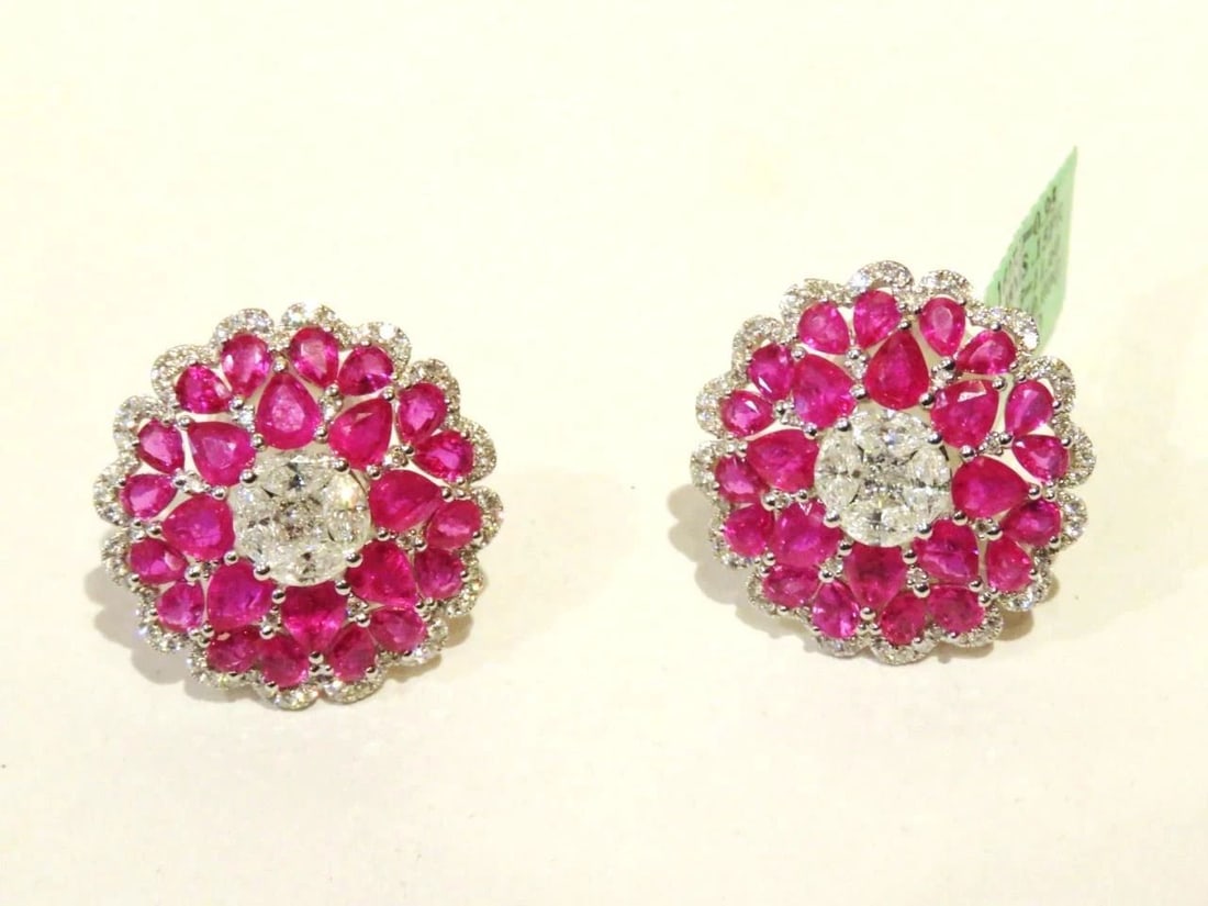 18KT LRG 13CT RUBY DIAMOND GOLD FLORAL EARRINGS (1 of 2)