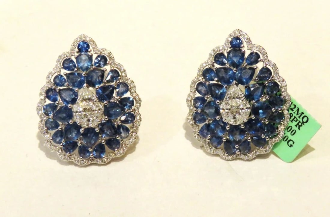 18KT 12CT SAPPHIRE & DIAMOND GOLD PEAR EARRINGS (1 of 2)