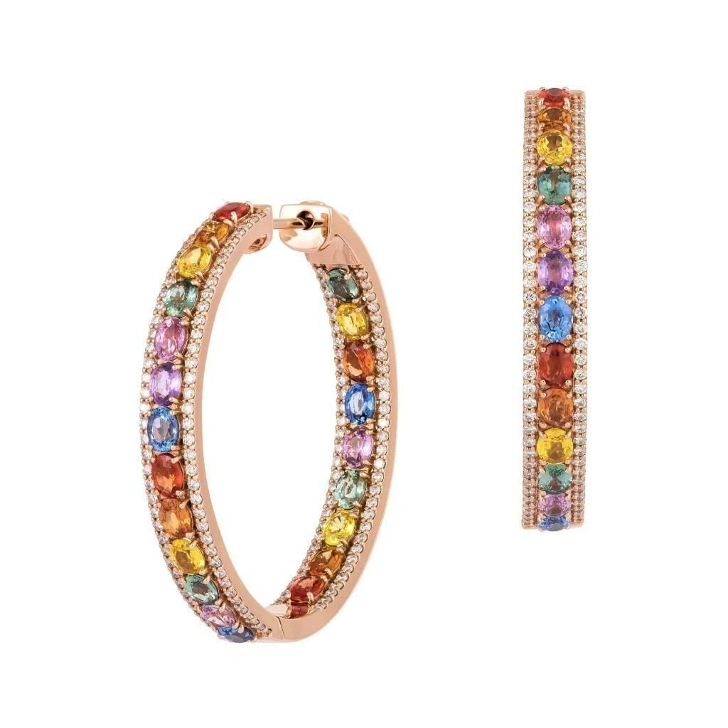 18KT FANCY MULTI COLOR RAINBOW SAPPHIRE HOOP EARRINGS: 18KT FANCY MULTI COLOR RAINBOW SAPPHIRE HOOP EARRINGS The Following Items we are offering is this Rare Important Radiant 18KT Gold Gorgeous Glittering and Sparkling Magnificent Fancy Rainbow Multi Col