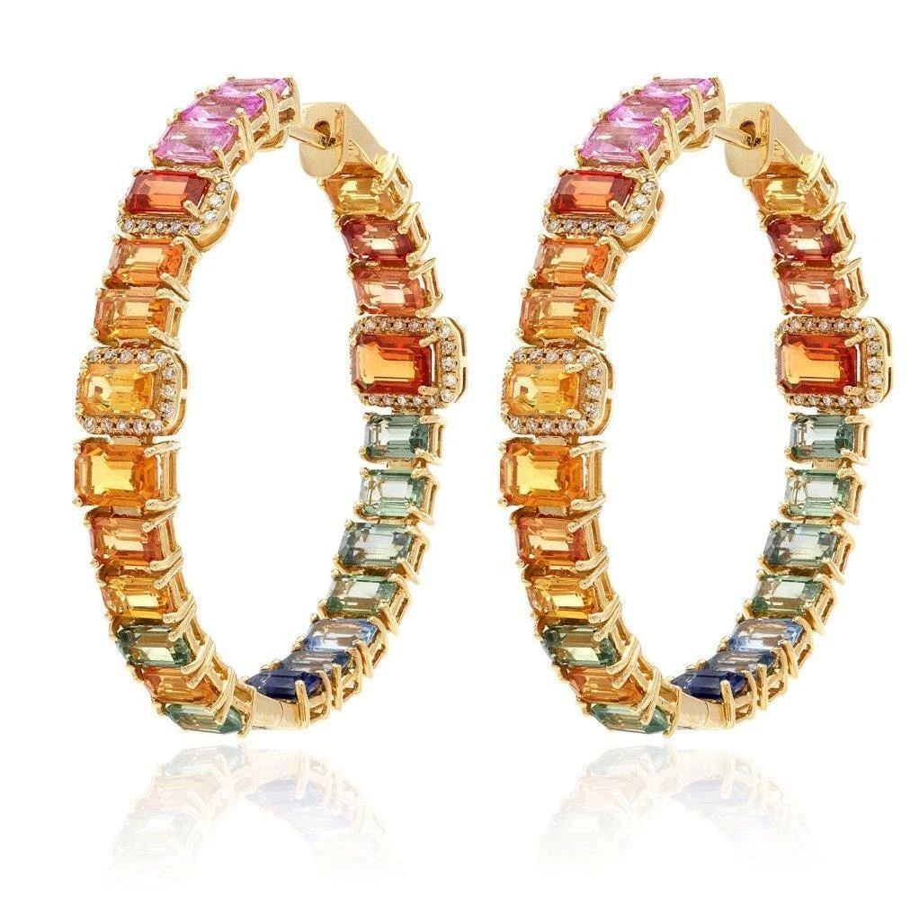 18KT GOLD MULTI RAINBOW SAPPHIRE HOOP DIAMOND EARRINGS: 18KT GOLD MULTI RAINBOW SAPPHIRE HOOP DIAMOND EARRINGS The Following Items we are offering is a Rare Important Radiant Pair of 18KT Gold Large Glistening Magnificent Large Fancy Rainbow Sapphire and D