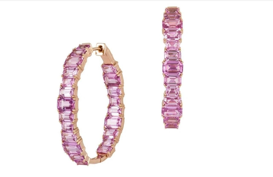 18KT RARE EMERALD CUT PINK SAPPHIRE HOOP EARRINGS: 18KT RARE EMERALD CUT PINK SAPPHIRE HOOP EARRINGS The Following Items we are offering is this Rare Important Radiant 18KT Gold Gorgeous Glittering and Sparkling Magnificent Fancy Emerald Cut Pink Sapp
