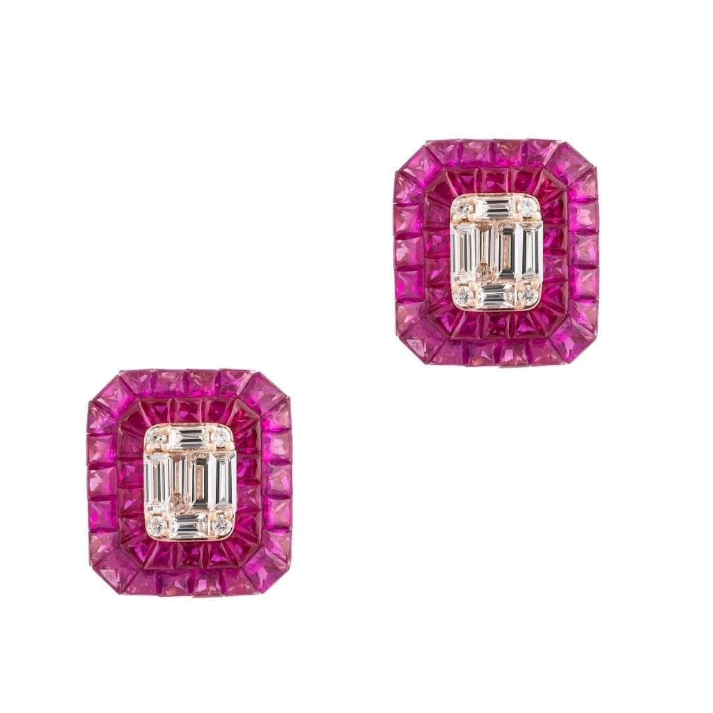 18KT GOLD GLITTERING LARGE FANCY INVISIBLE SET RUBY DIAMOND EARRINGS (1 of 1)