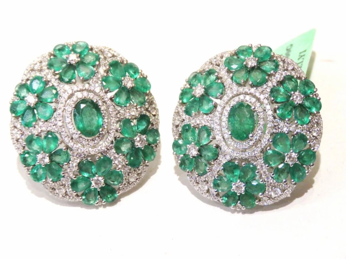 18KT LARGE 11.6CT EMERALD & DIAMOND GOLD FLORAL EARRINGS (1 of 2)