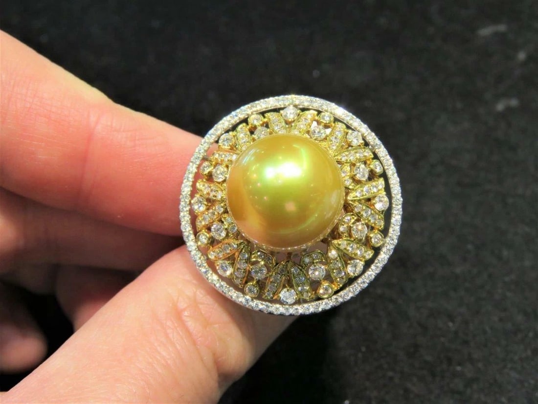 18KT RARE FANCY SOUTH SEA 14-15MM AA-AAA GOLDEN PEARL DIAMOND RING (1 of 2)