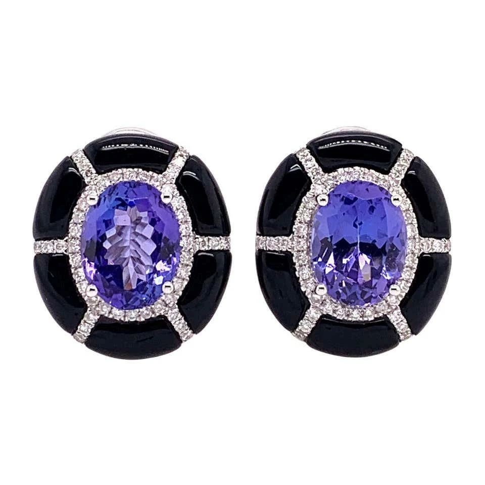 18KT LARGE TANZANITE BLACK AGATE DIAMOND EARRINGS: 18KT LARGE TANZANITE BLACK AGATE DIAMOND EARRINGS The Following Item we are offering are these Beautiful Important Rare 18KT Gold Brilliant Large Rare Fancy Tanzanite Earrings!!Each Earring is adorned