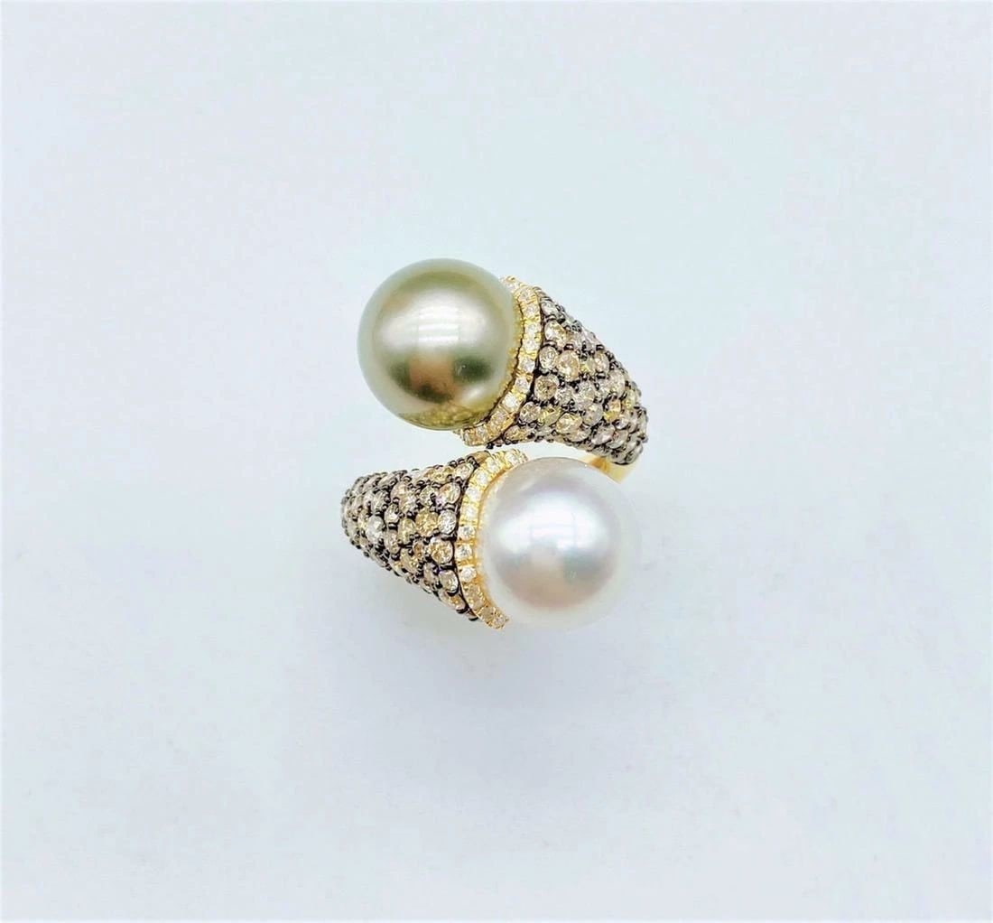 18KT RARE LARGE SOUTH SEA PEARL TAHITIAN PEARL YELLOW DIAMOND RING (1 of 2)