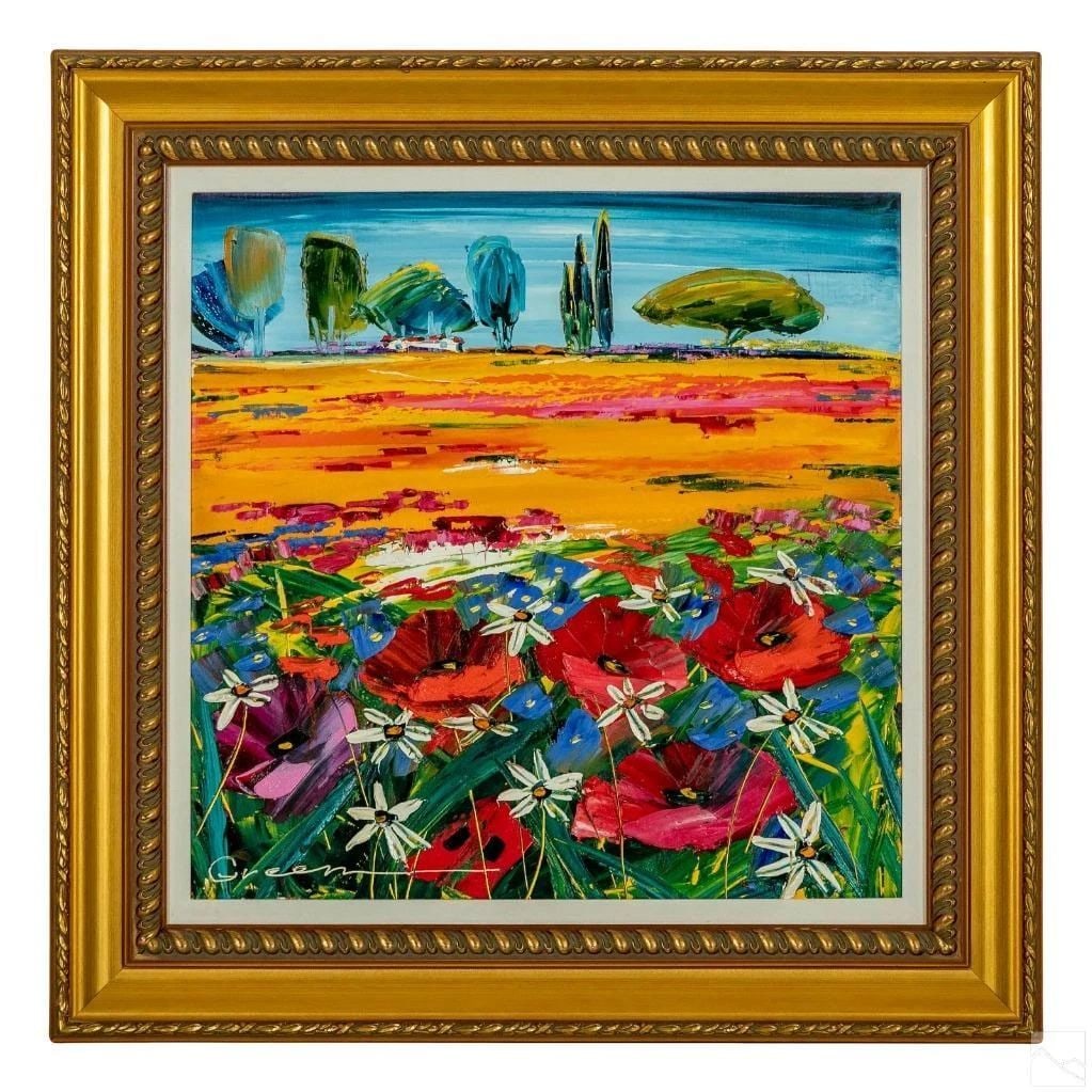 LRG DELUXE FLORAL FRAMED LANDSCAPE MAYA GREEN PAINTING (1 of 1)