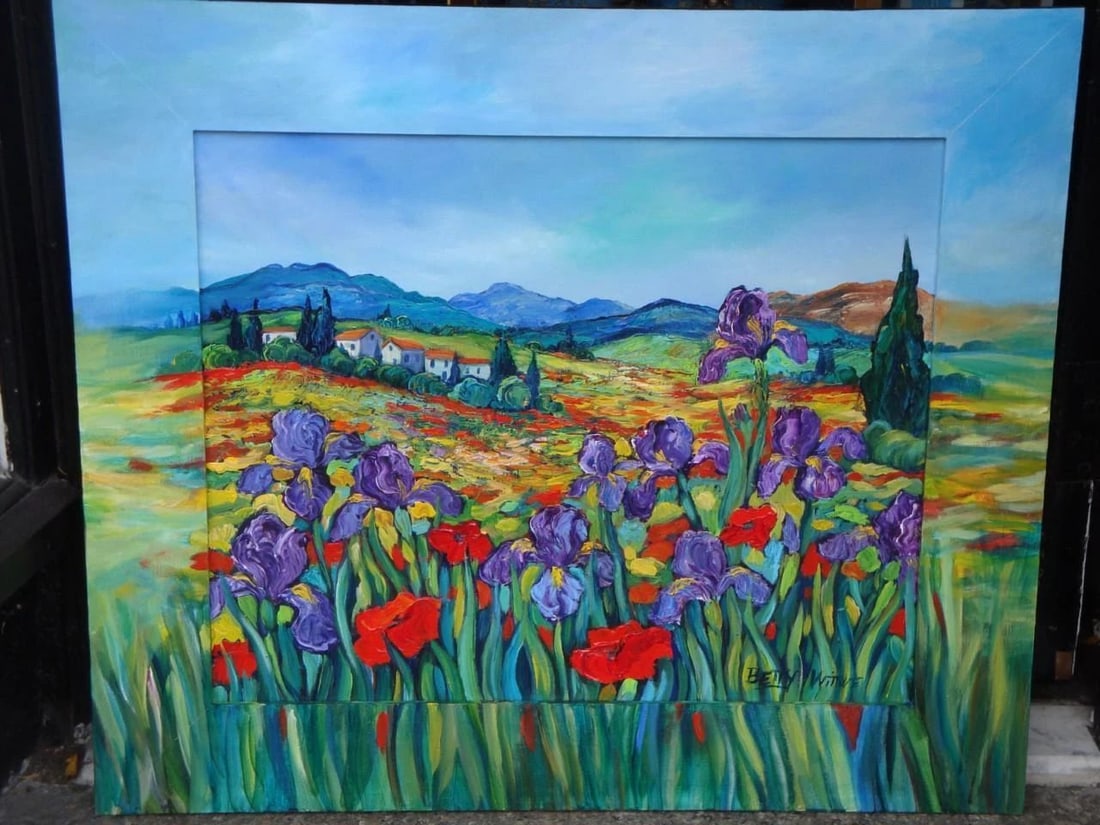 LOVELY FRENCH PROVENCE POPPY IRIS PAINTING W/ HAND PAINTED FRAME, BETTY WITTWE! (1 of 1)