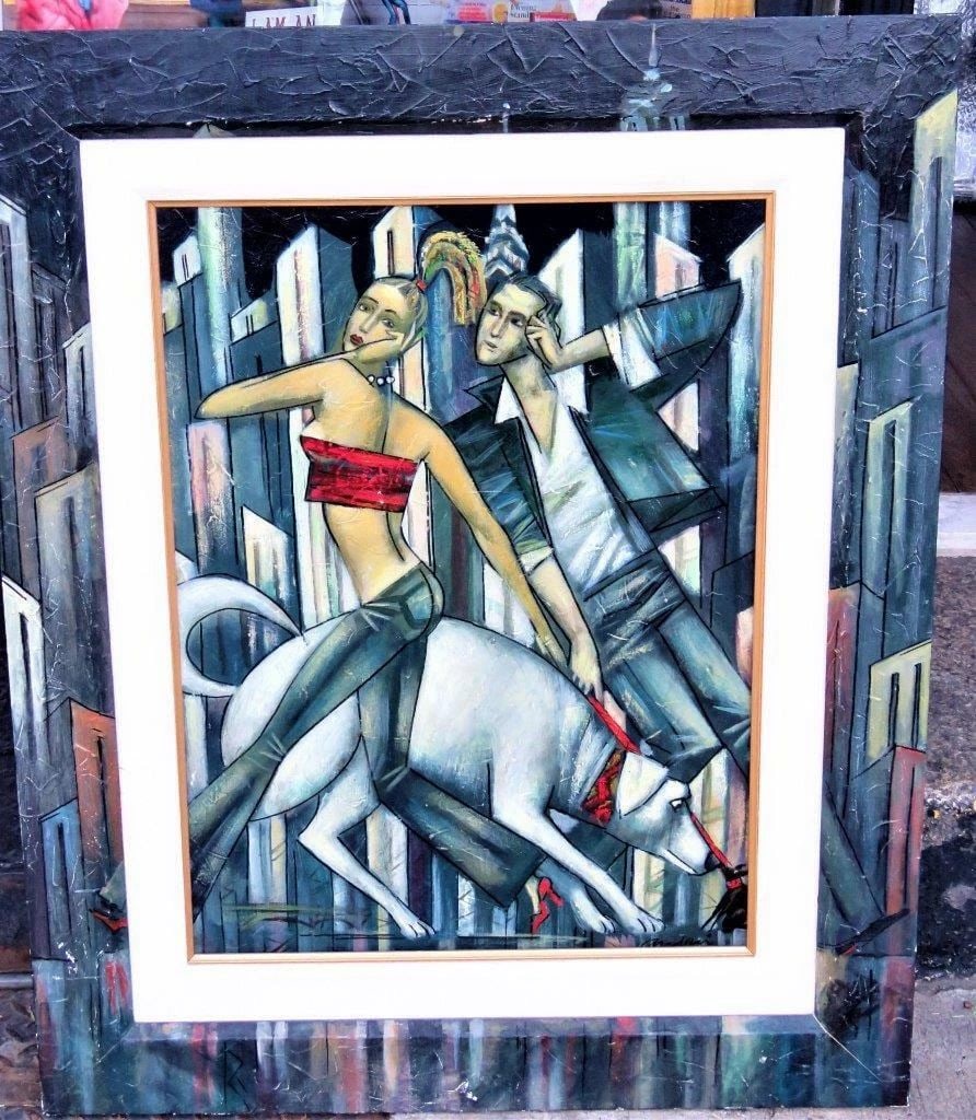 ORIG LADY WALKING DOG PAINTING HANDPAINTED FRAME ANDREI PROTSOUK RUSSIAN: ORIG LADY WALKING DOG PAINTING HANDPAINTED FRAME ANDREI PROTSOUK RUSSIAN ORIG LADY WALKING DOG PAINTING HANDPAINTED FRAME ANDREI PROTSOUK RUSSIAN ORIG LADY WALKING DOG PAINTING HANDPAINTED FRAME ANDRE