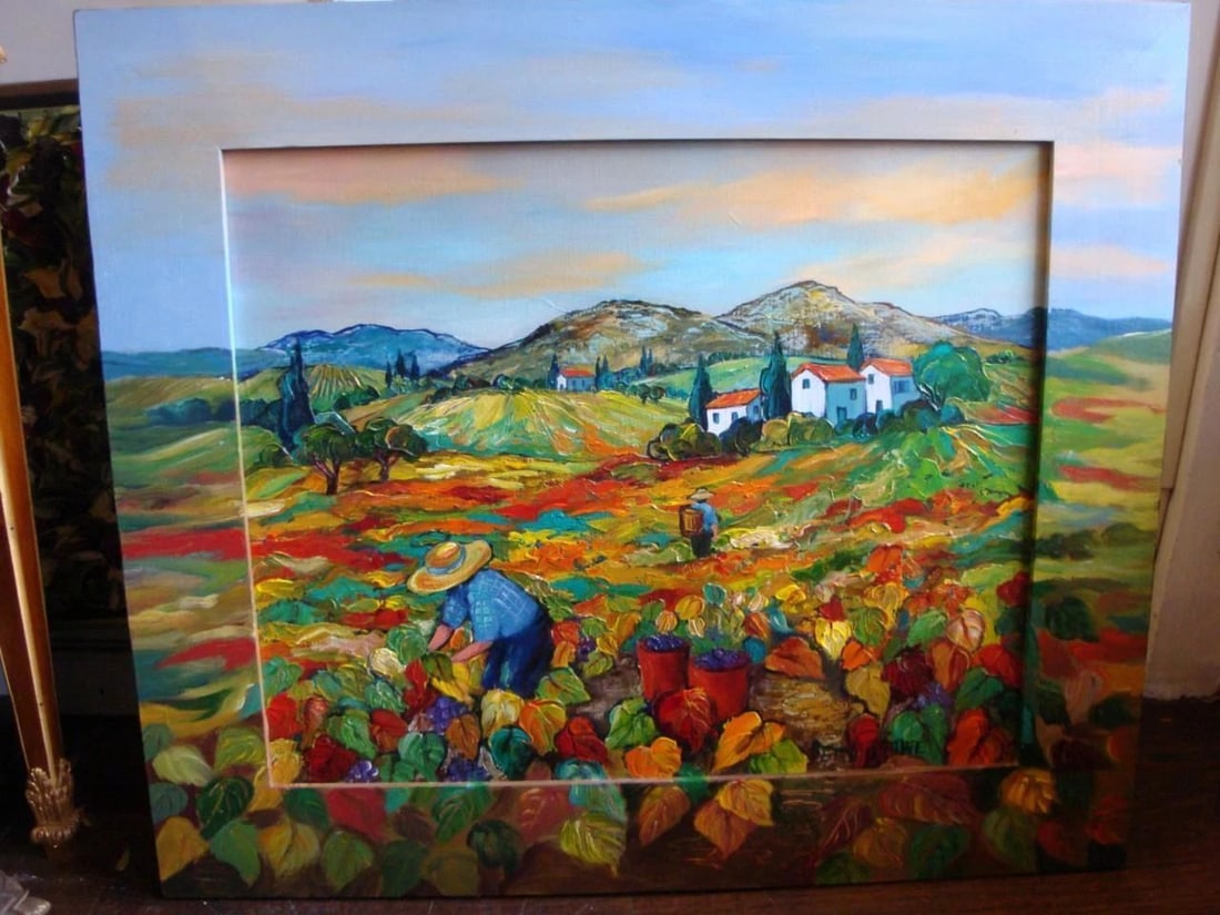 LOVELY FRAMED FRENCH PROVENCE VINEYARD HARVEST GATHERERS PAINTING, BETTY WITTWE! (1 of 1)