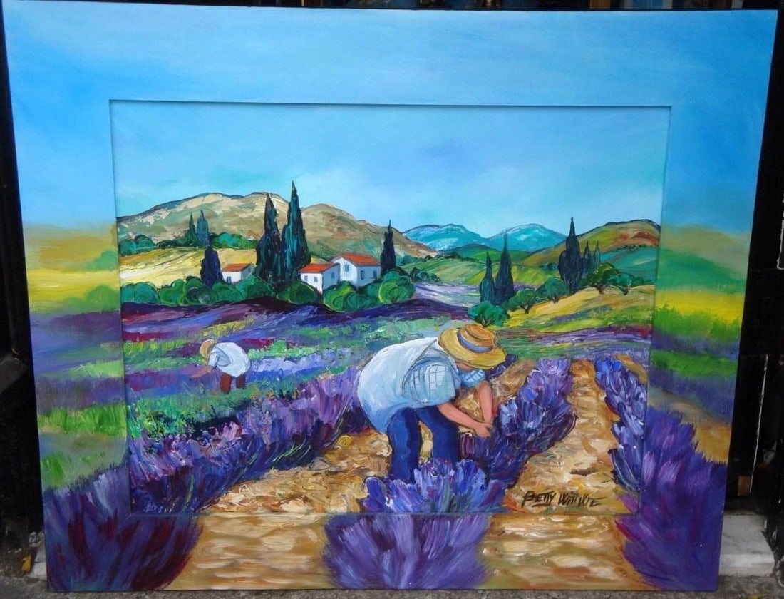 FRENCH PROVENCE LAVENDER FIELD PAINTING W/ HAND PAINTED FRAME BETTY WITTWE! (1 of 1)