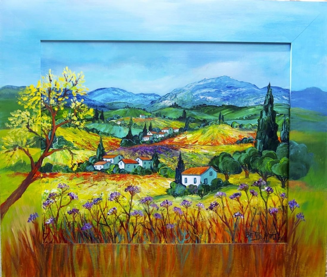 LOVELY FRENCH PROVENCE MONT VENTOUX IRIS PAINTING W/PAINTED FRAME BETTY WITTWE!! (1 of 1)