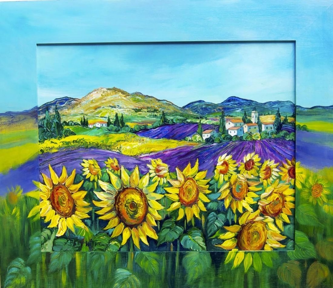 FRENCH PROVENCE PAINTING SUNFLOWERS LAVENDER W/ PAINTED FRAME BETTY WITTWE! (1 of 1)