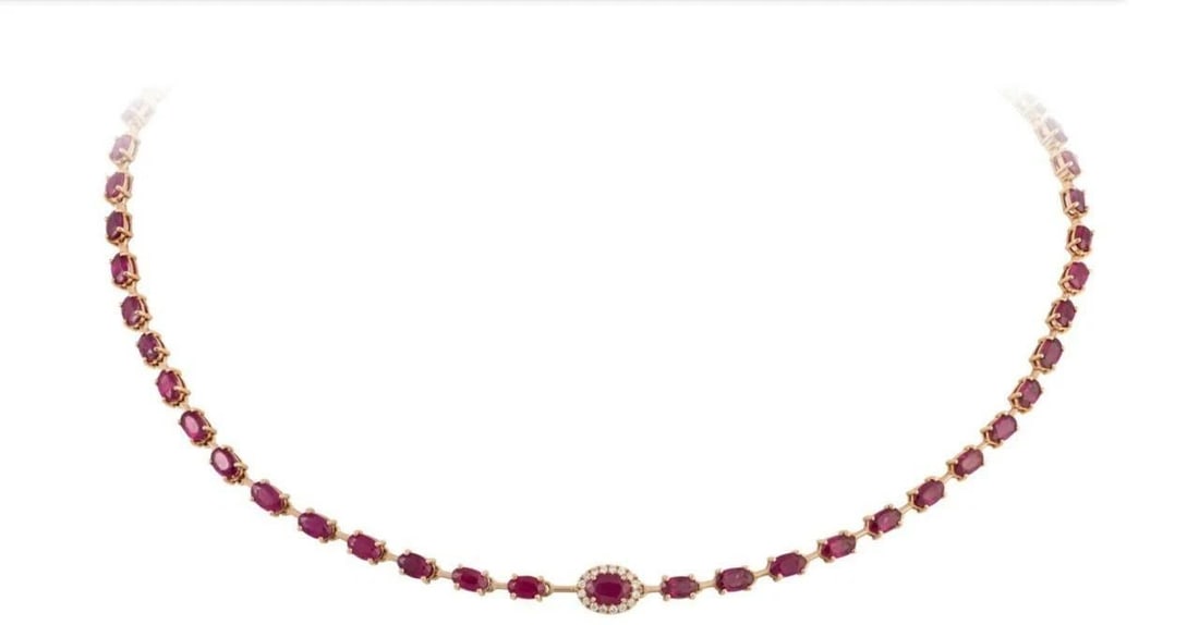18KT GOLD GORGEOUS RARE 18.50CT RUBY AND DIAMOND STRAND NECKLACE: 18KT GOLD GORGEOUS RARE 18.50CT RUBY AND DIAMOND STRAND NECKLACE The Following Items we are offering is a Rare Important Radiant 18KT GOLD RUBY AND DIAMOND NECKLACE. Necklace is comprised of Finely Se