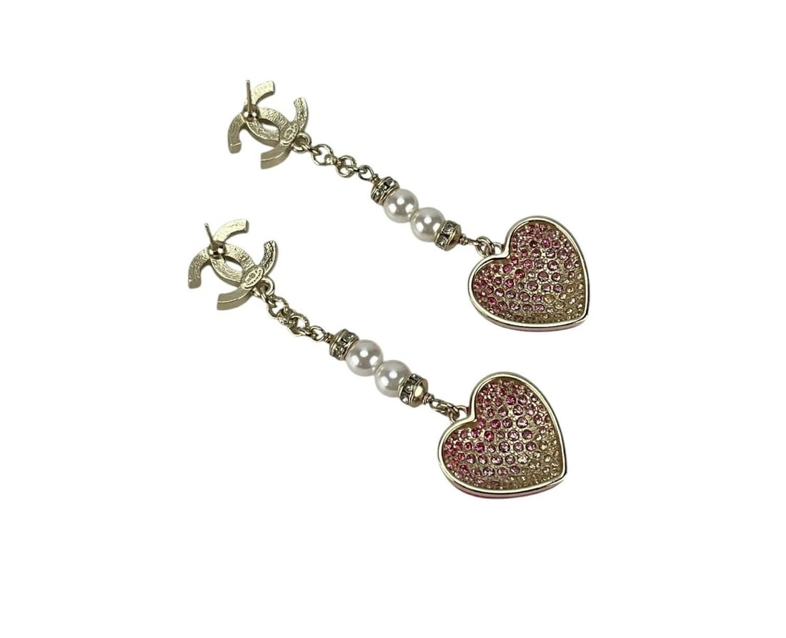 CHANEL 23P COCO MARK HEART PEARL RHINESTONES PINK GOLD EARRINGS PRE OWNED U0916 (1 of 2)