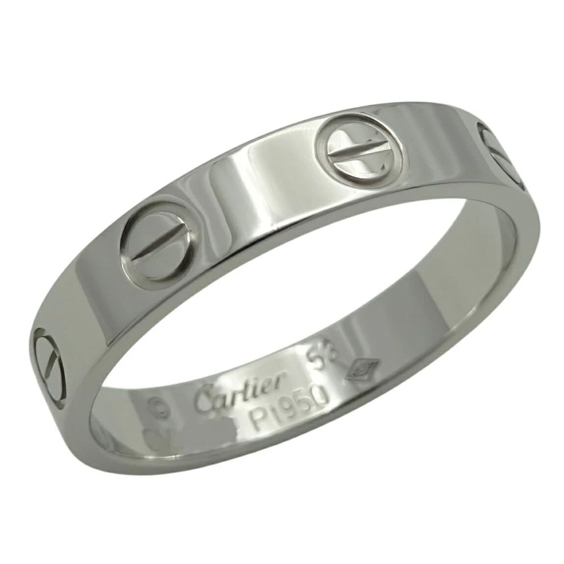 CARTIER LOVE PT950 #53 US SIZE NO. 6-6.5 4.3G RING: CARTIER LOVE PT950 #53 US SIZE NO. 6-6.5 4.3G RING Item Description Description of Itembrand CartierProduct name Mini Love Ringmaterial Pt950 notationcolor Silver colorSize/Weight Size: Marked 53 (US