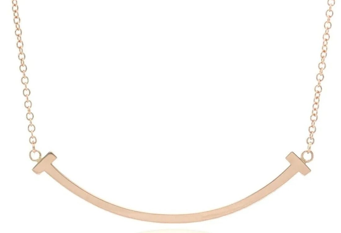 TIFFANY T SMILE PENDANT SMALL NECKLACE K18PG PINK GOLD ROSE GOLD 41CM-46CM Y1028 (1 of 2)