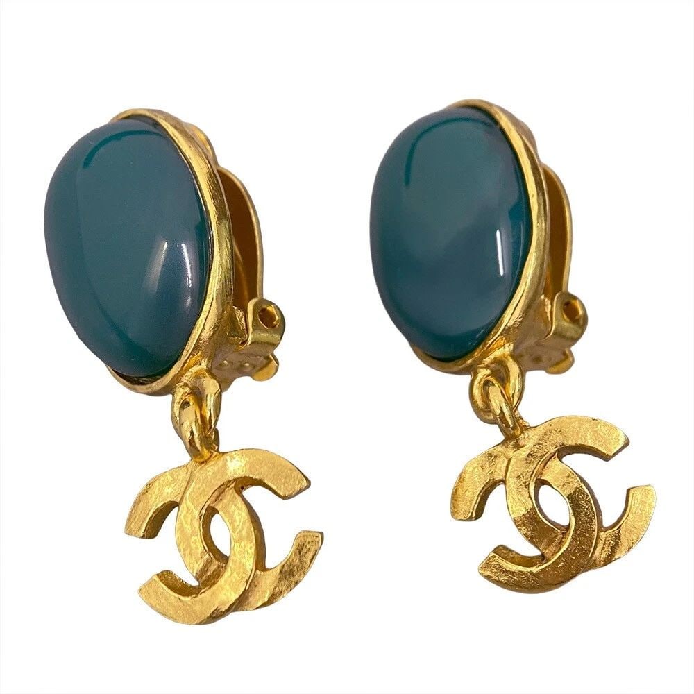 CHANEL COCO MARK GREEN STONE EARRINGS (1 of 2)