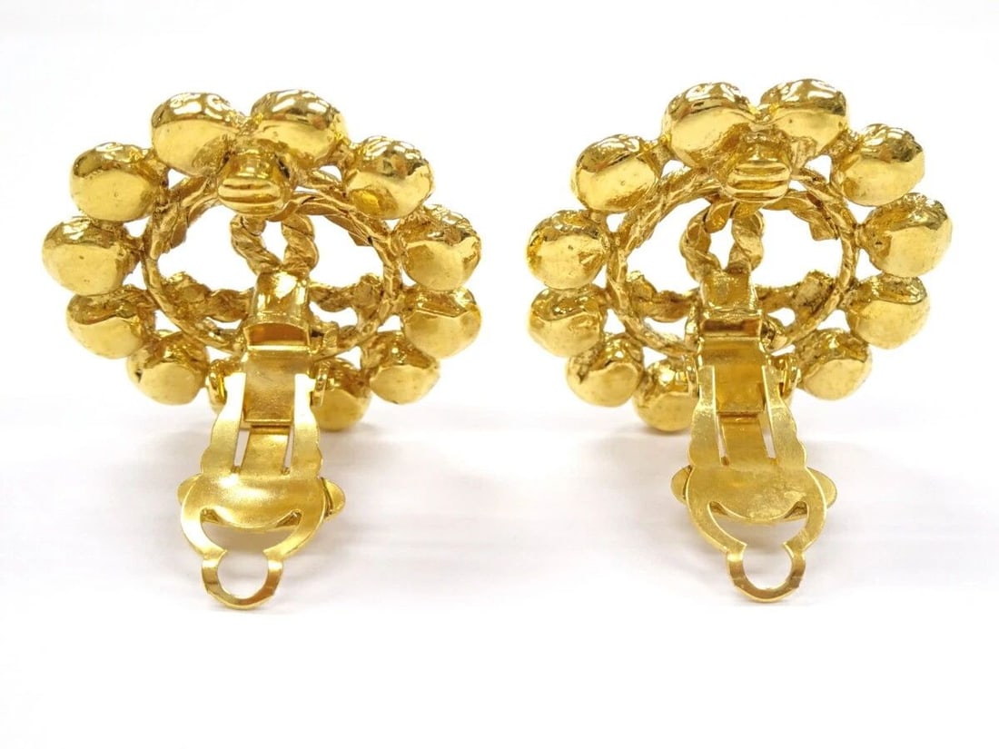 CHANEL COCO MARK RHINESTONE 1993 GOLD ROUND BEADS EARRINGS PRE OWNED (1 of 1)